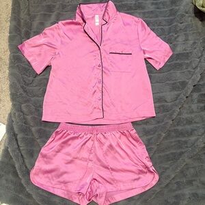 Silky Pink Short Pajama Set with Black Trim